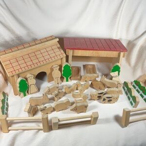 Wooden Farm Handmade Vintage 2 Buildings, 4 Fences, Trees, Bushes, Animals